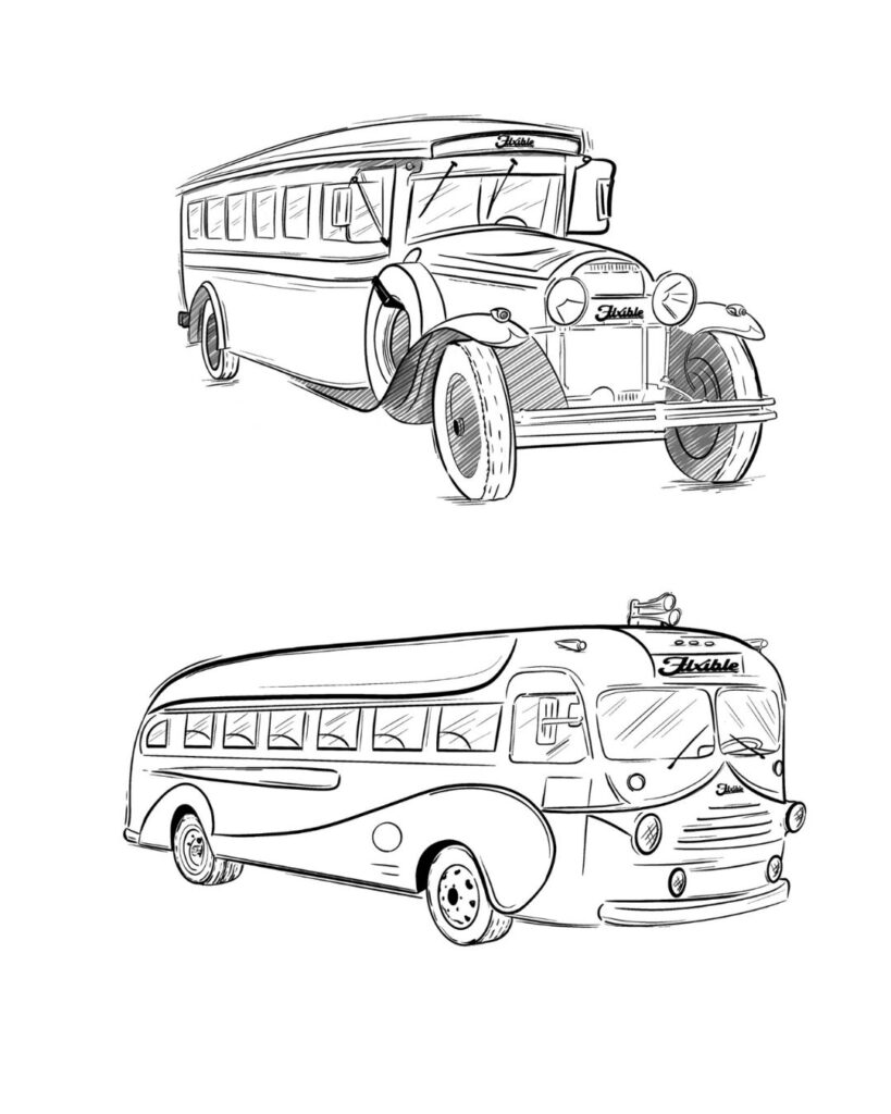hand drawn line art vintage flxible busses - 